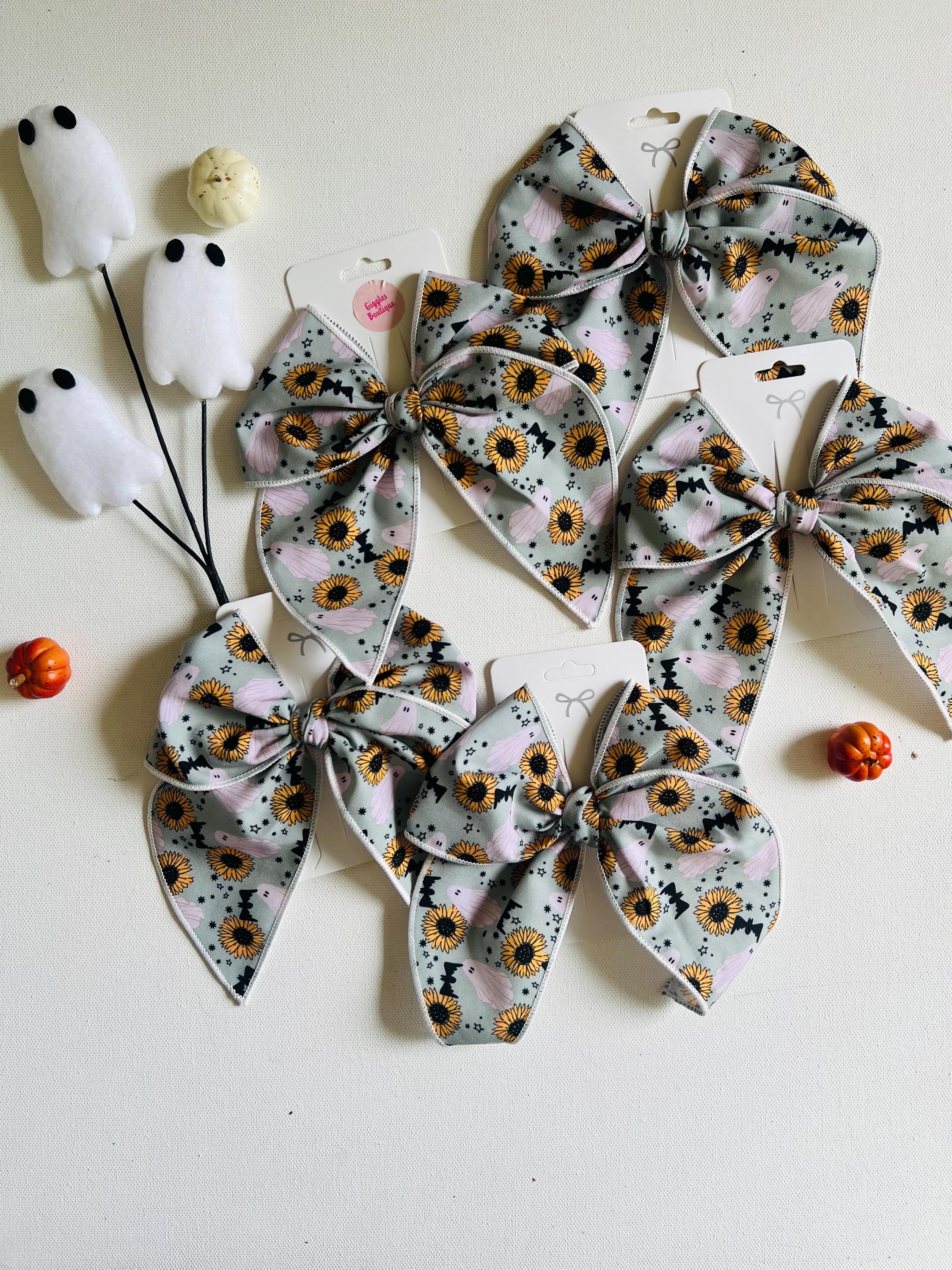 Spooky sunflower and ghost Halloween bow-5” handmade hair clip, view 8