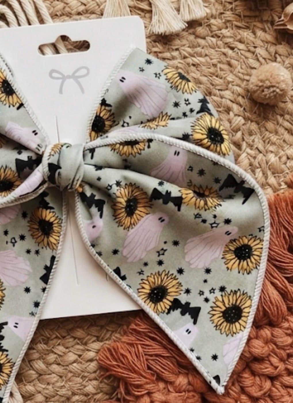 Spooky sunflower and ghost Halloween bow-5” handmade hair clip, view 9