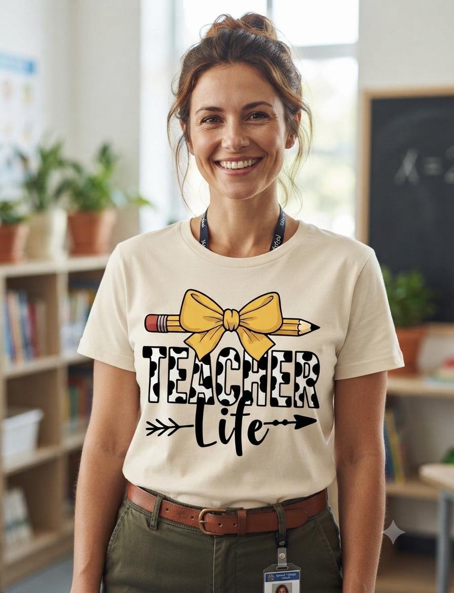 Teacher Life Graphic T-Shirt cream Round Neck Short Sleeve Cotton Tee Size M