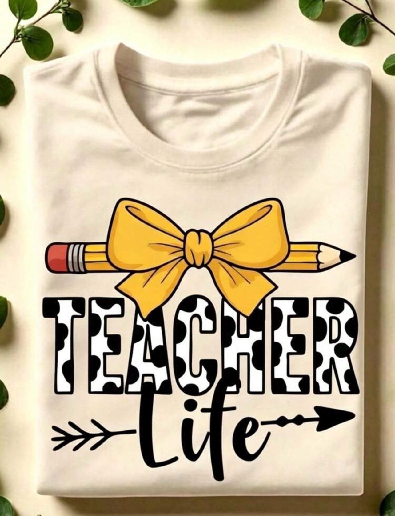 Teacher Life Graphic T-Shirt cream Round Neck Short Sleeve Cotton Tee Size M, view 2