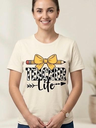 Teacher Life Graphic T-Shirt cream Round Neck Short Sleeve Cotton Tee Size M, view 4