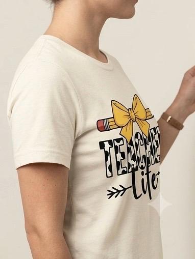 Teacher Life Graphic T-Shirt cream Round Neck Short Sleeve Cotton Tee Size M, view 6