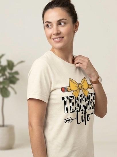Teacher Life Graphic T-Shirt cream Round Neck Short Sleeve Cotton Tee Size M, view 7