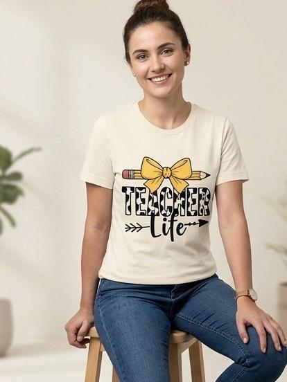 Teacher Life Graphic T-Shirt cream Round Neck Short Sleeve Cotton Tee Size M, view 9