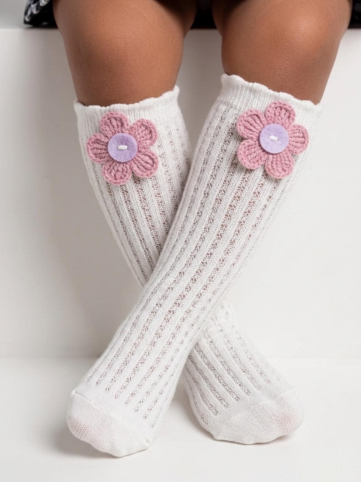Toddler High Knee Socks with Pink Flower Crochet Eyelet Cable Knit