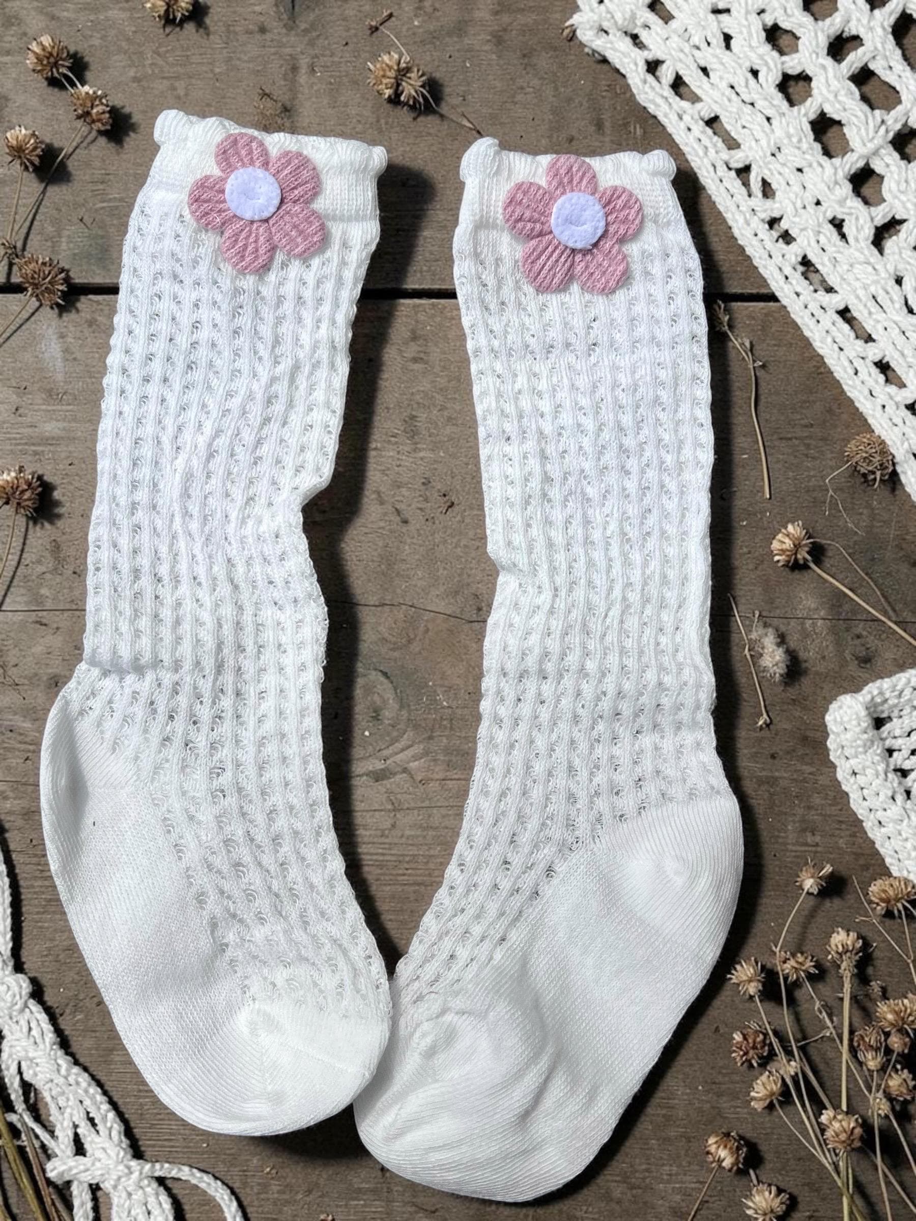 Toddler High Knee Socks with Pink Flower Crochet Eyelet Cable Knit, view 2