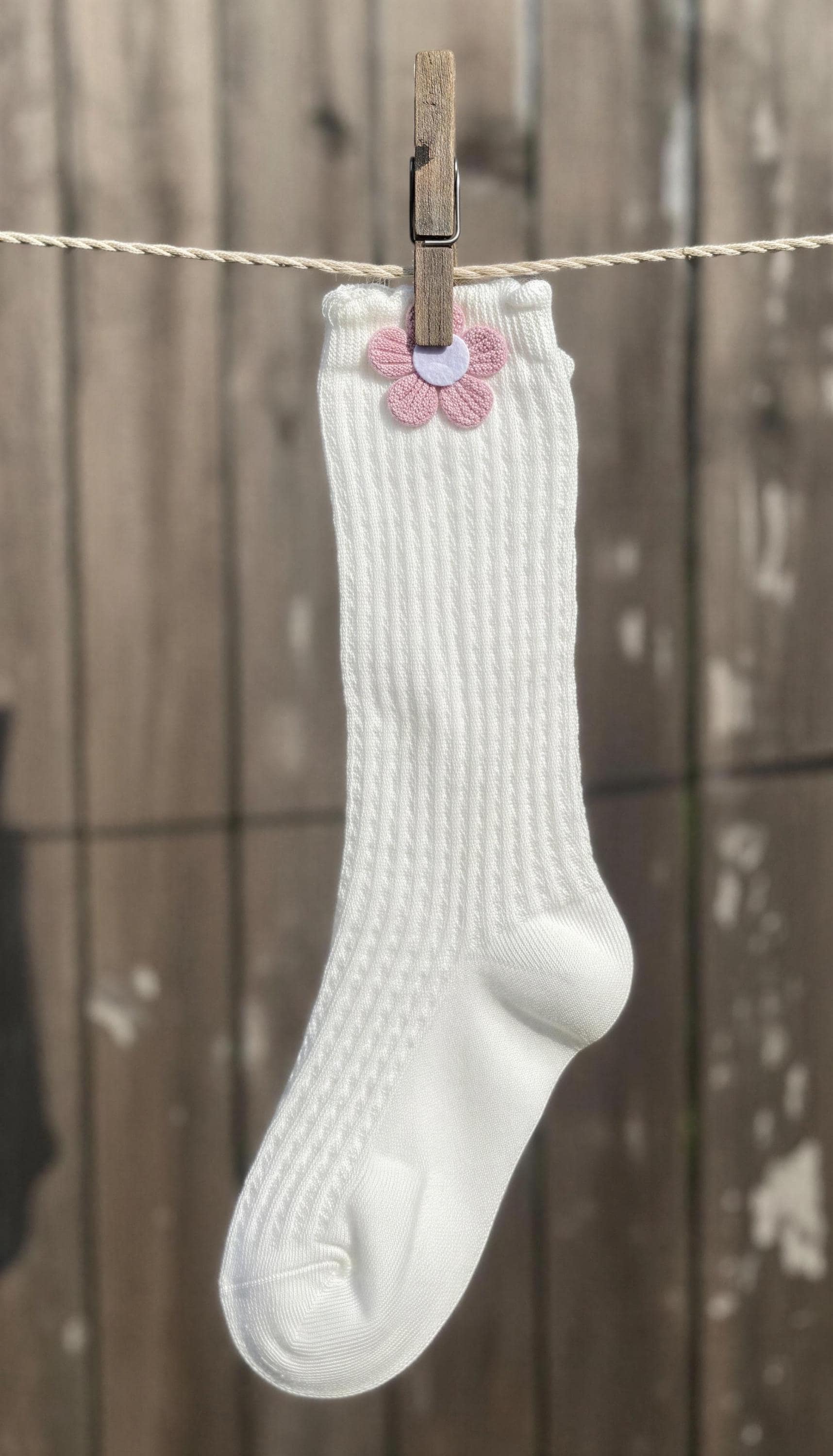 Toddler High Knee Socks with Pink Flower Crochet Eyelet Cable Knit, view 3