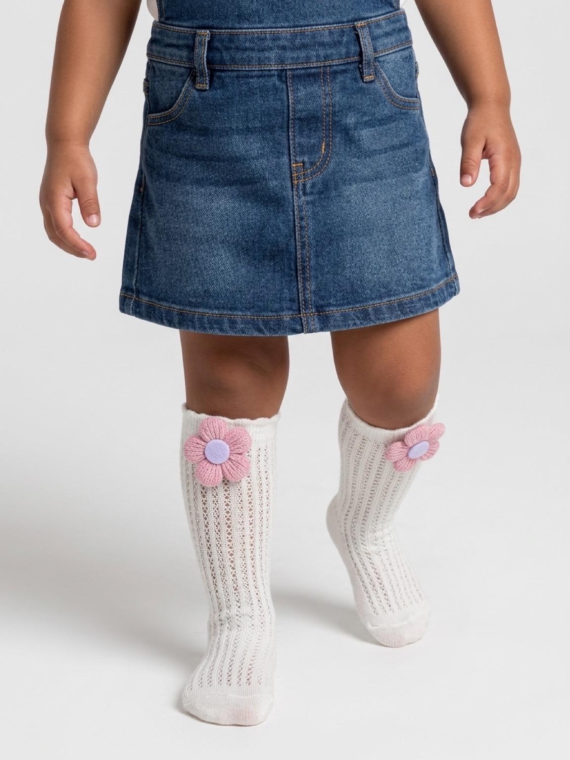 Toddler High Knee Socks with Pink Flower Crochet Eyelet Cable Knit, view 4