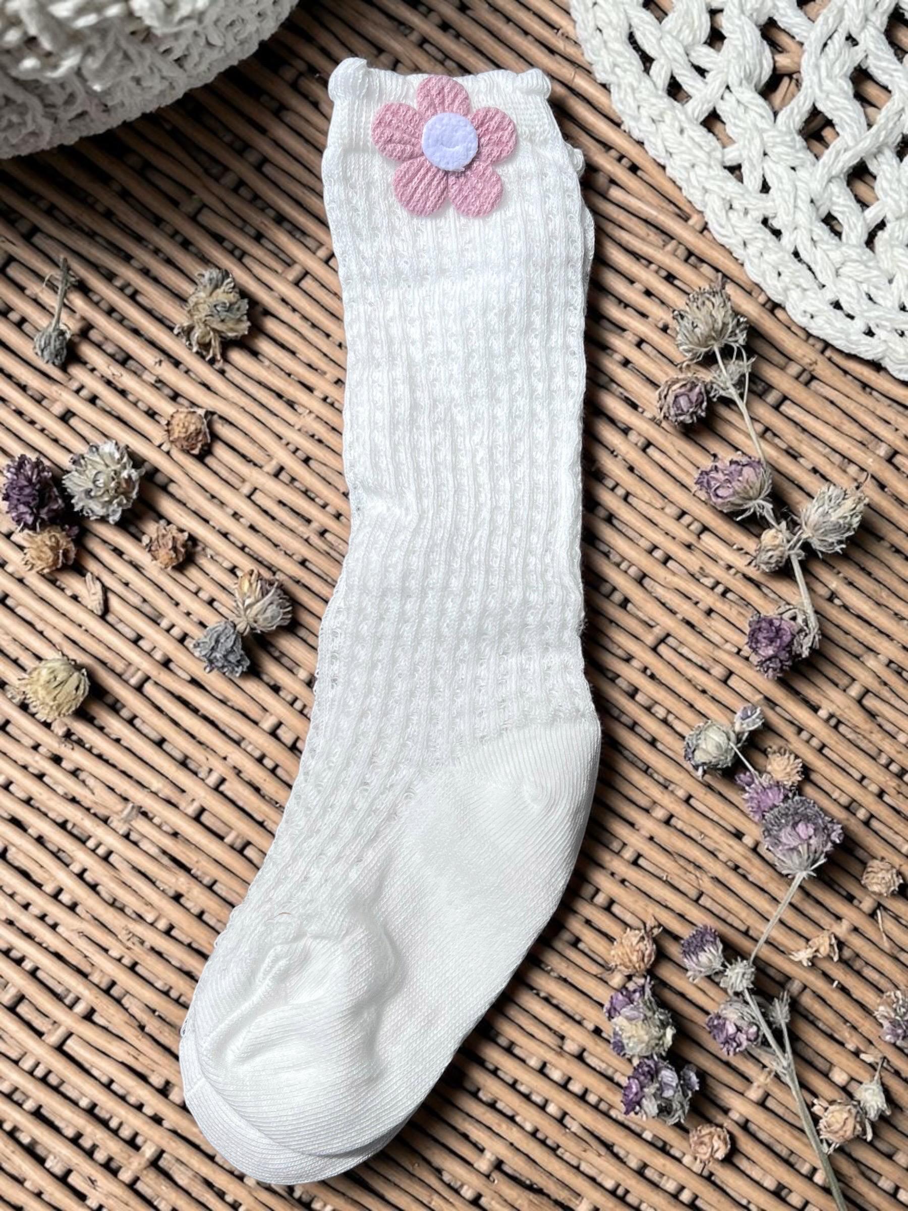 Toddler High Knee Socks with Pink Flower Crochet Eyelet Cable Knit, view 5