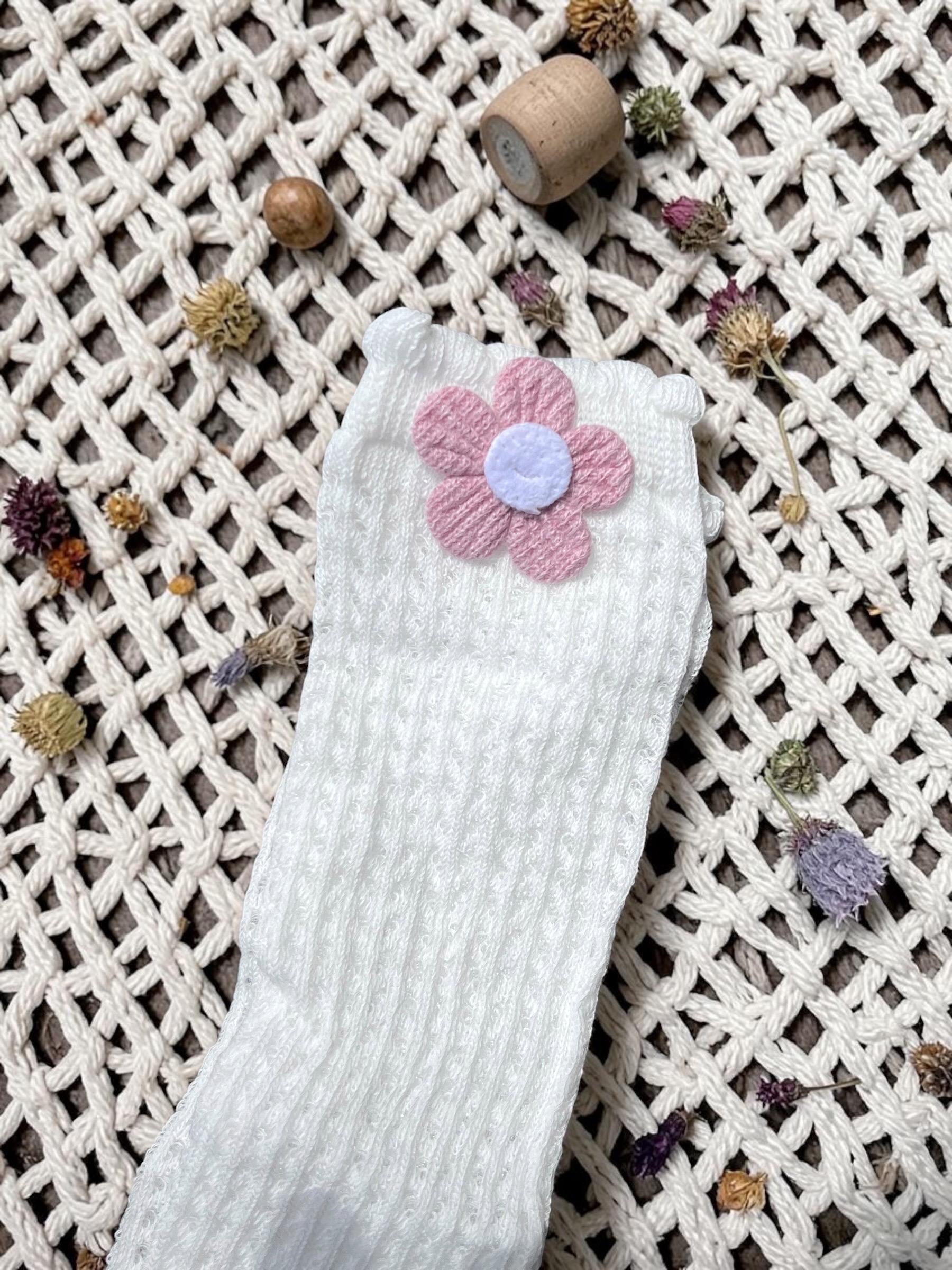 Toddler High Knee Socks with Pink Flower Crochet Eyelet Cable Knit, view 7