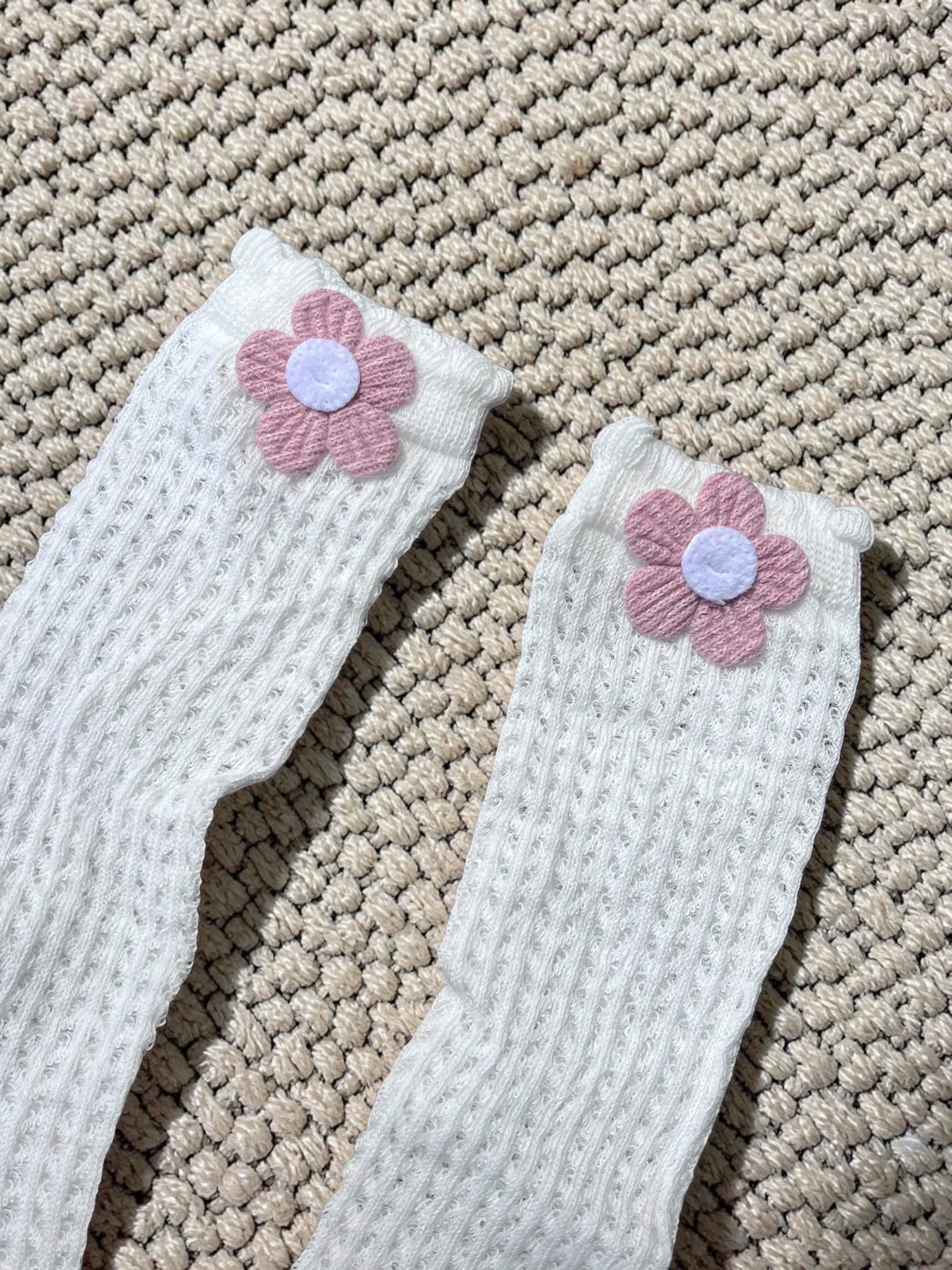 Toddler High Knee Socks with Pink Flower Crochet Eyelet Cable Knit, view 8