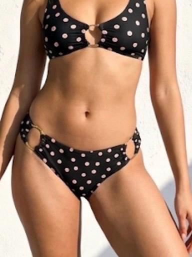 Victoria's Secret Polka Dot Bikini Bottoms Gold Logo Ring Hardware Y2K, view 2