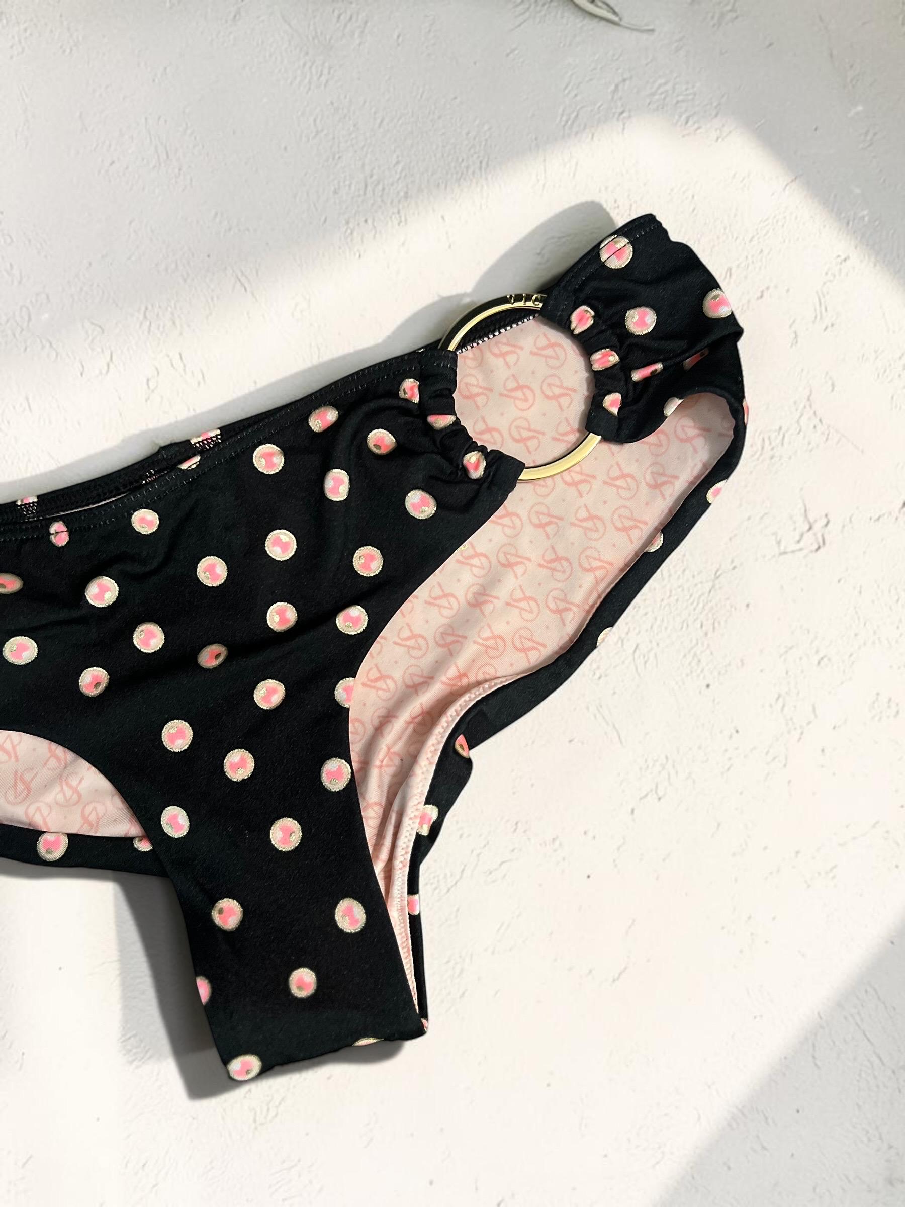 Victoria's Secret Polka Dot Bikini Bottoms Gold Logo Ring Hardware Y2K, view 5