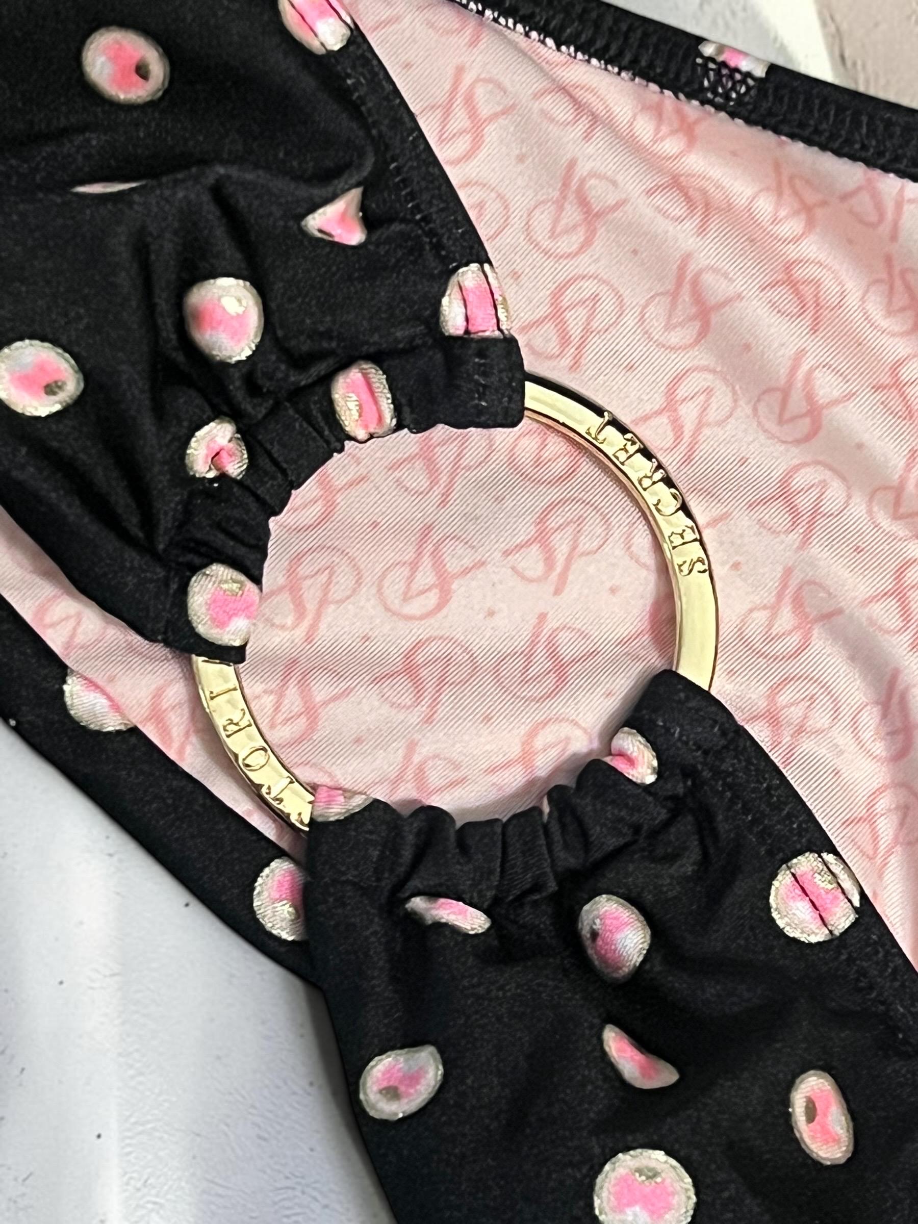 Victoria's Secret Polka Dot Bikini Bottoms Gold Logo Ring Hardware Y2K, view 8