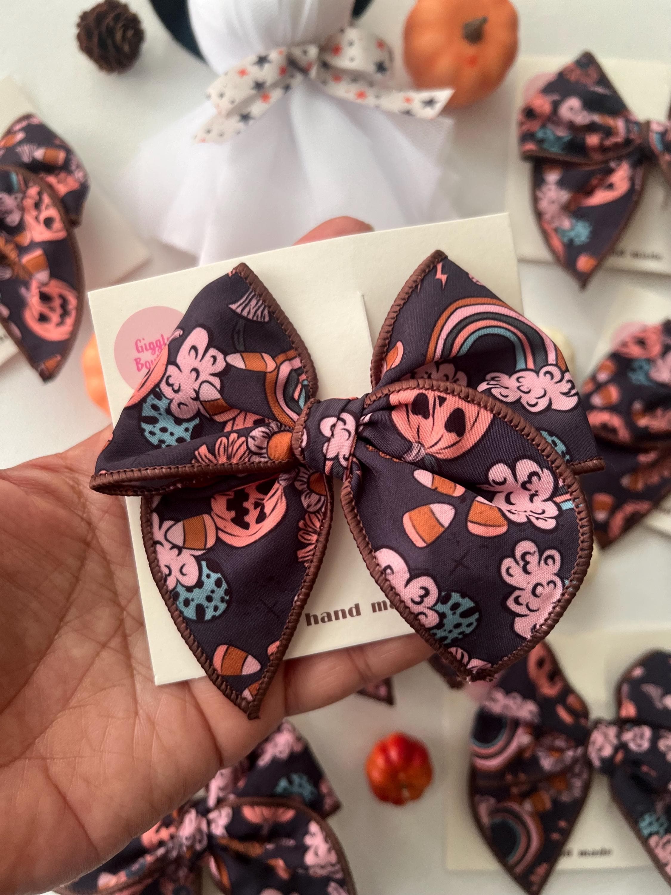 Vintage Halloween Pumpkin & Rainbow Hair bow For kids, view 2