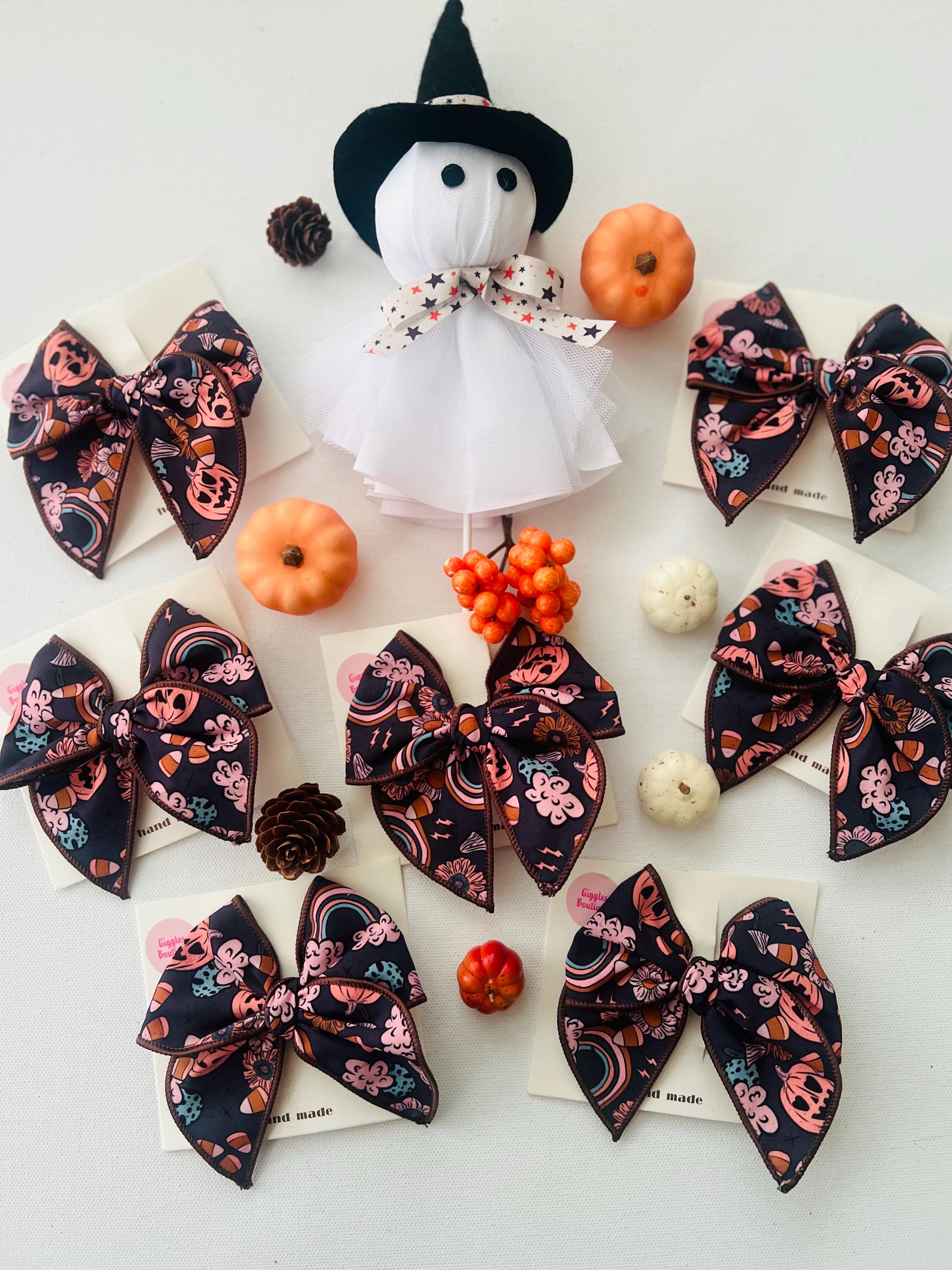 Vintage Halloween Pumpkin & Rainbow Hair bow For kids, view 3