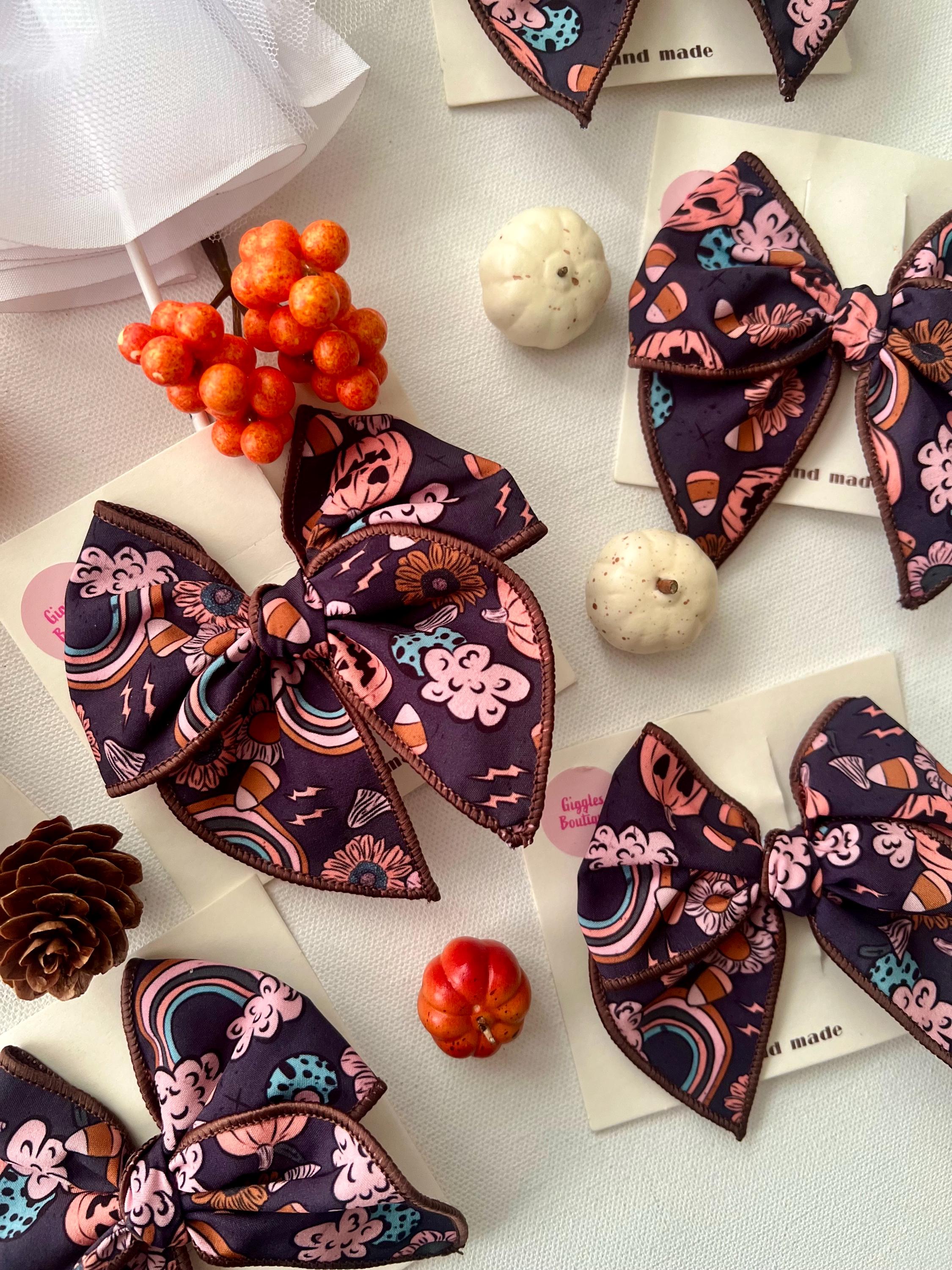 Vintage Halloween Pumpkin & Rainbow Hair bow For kids, view 4