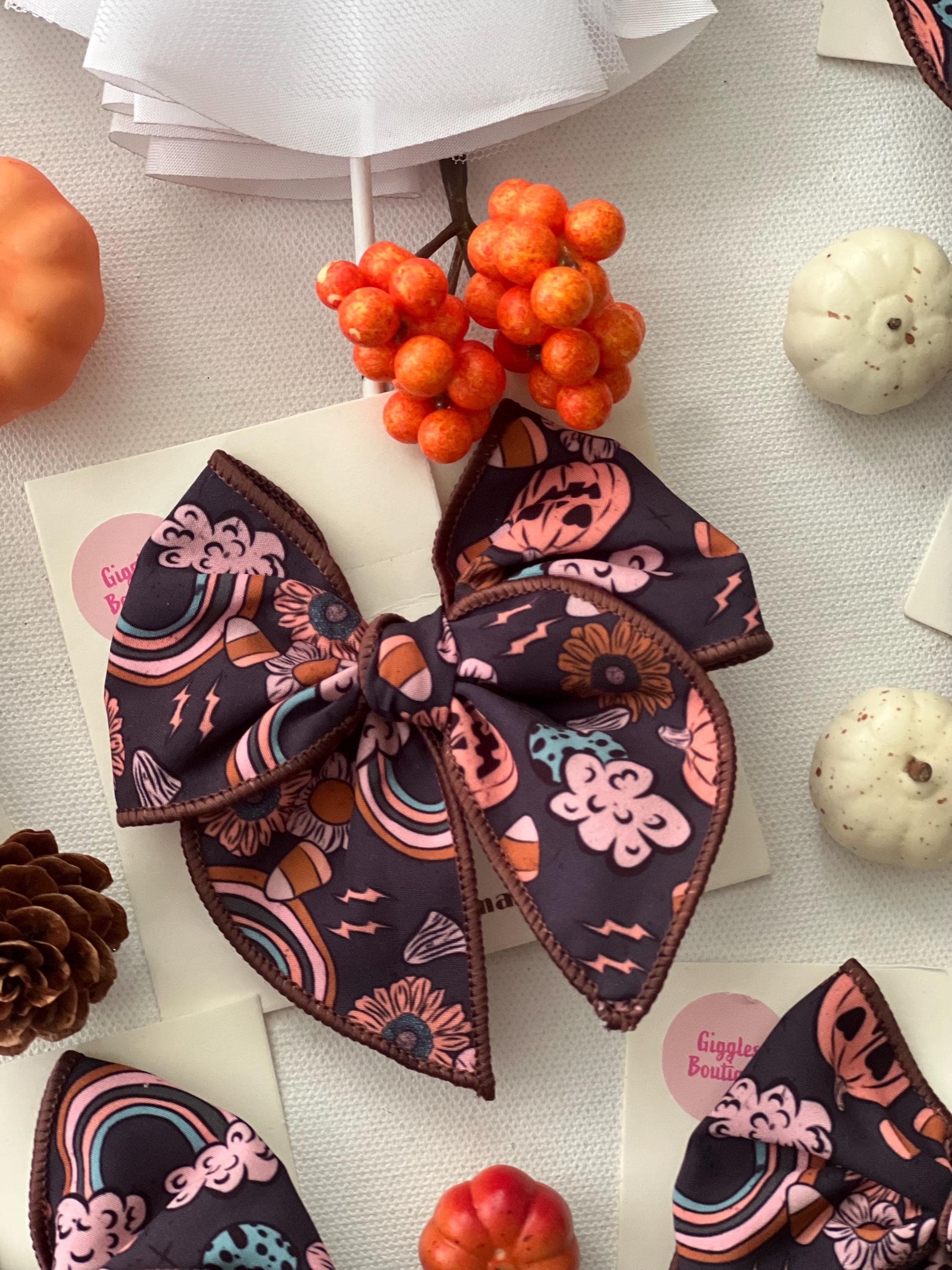 Vintage Halloween Pumpkin & Rainbow Hair bow For kids, view 5