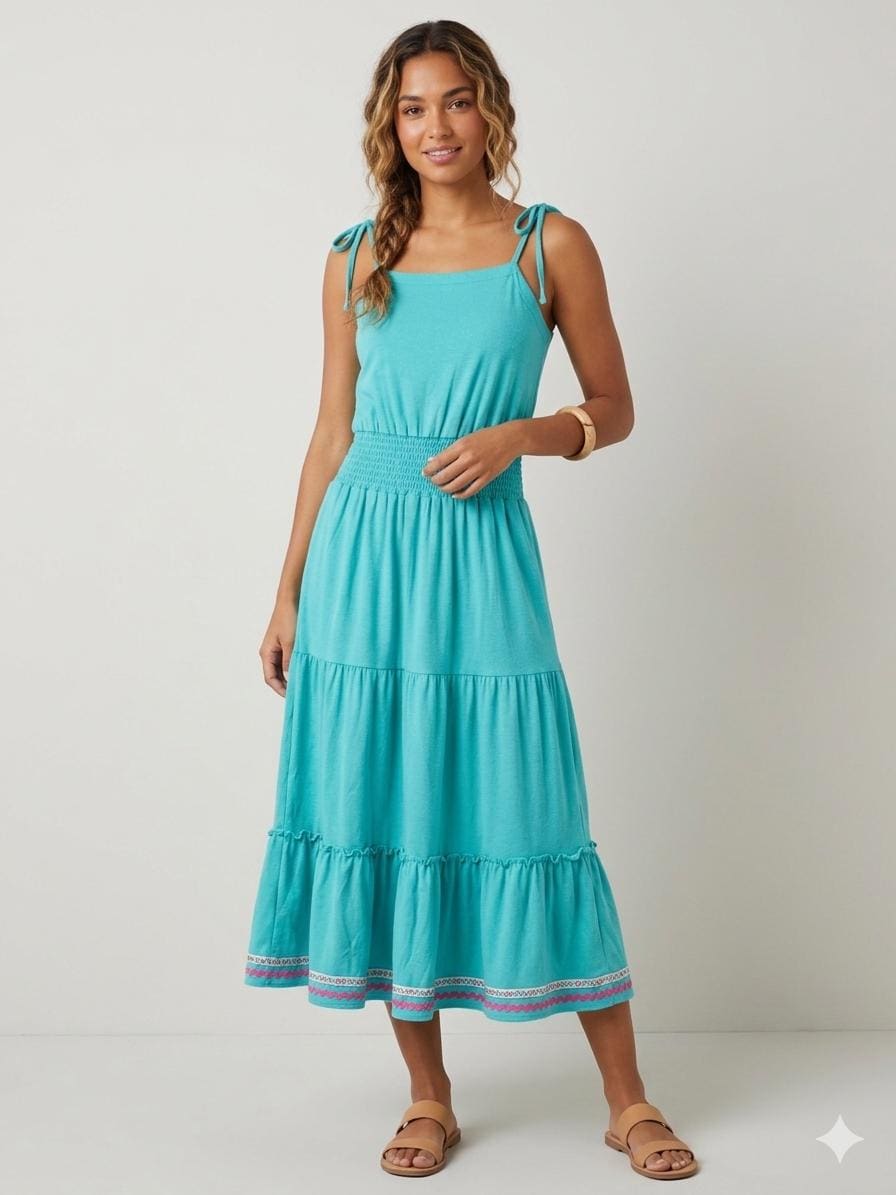 Y2K Guess Smocked Midi Dress | Teal Blue Boho Tiered Sundress Size S