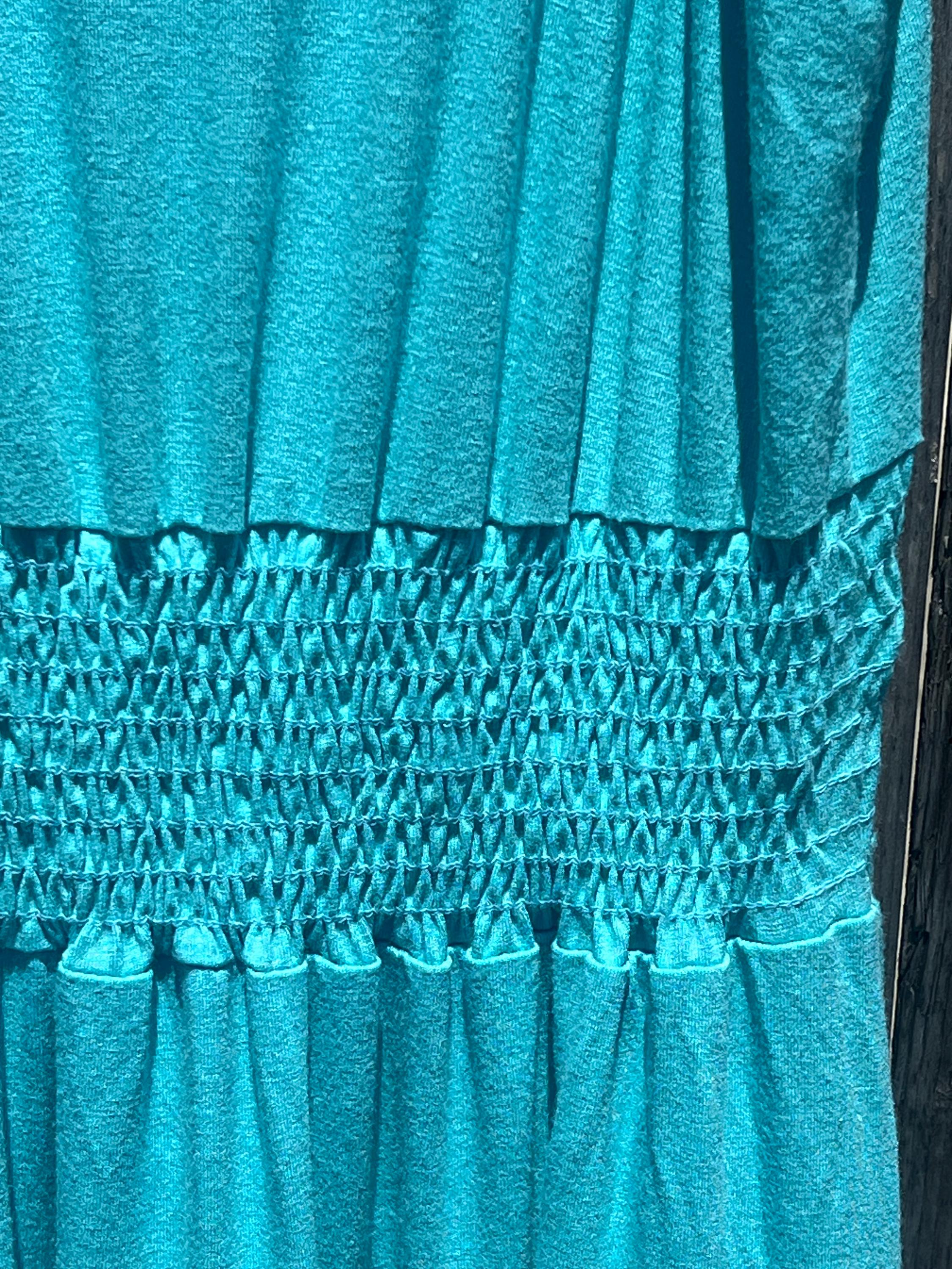 Y2K Guess Smocked Midi Dress | Teal Blue Boho Tiered Sundress Size S, view 14