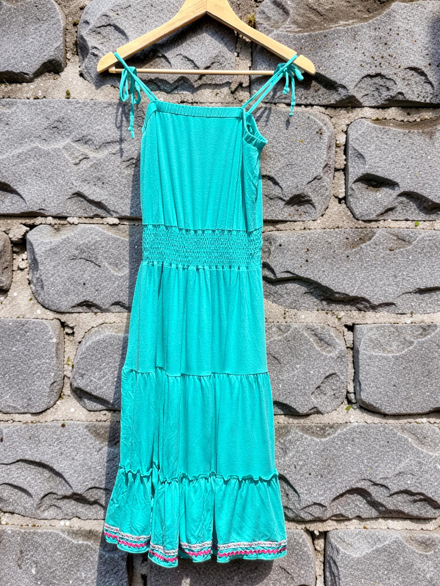 Y2K Guess Smocked Midi Dress | Teal Blue Boho Tiered Sundress Size S, view 17