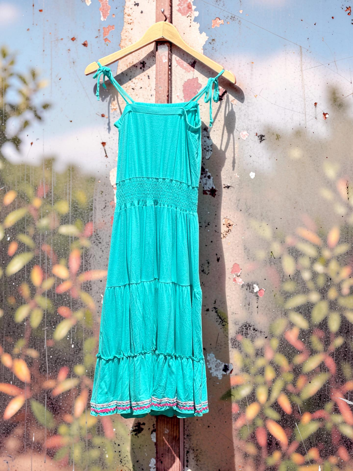 Y2K Guess Smocked Midi Dress | Teal Blue Boho Tiered Sundress Size S, view 2