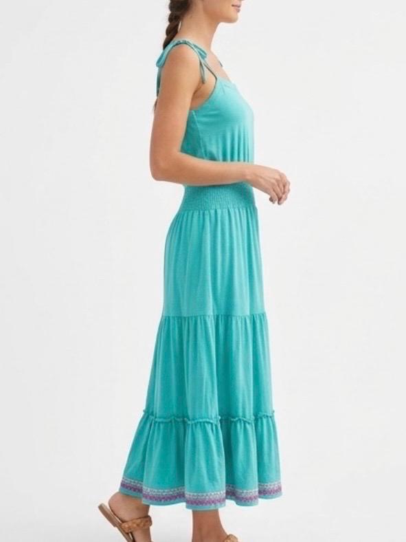 Y2K Guess Smocked Midi Dress | Teal Blue Boho Tiered Sundress Size S, view 3