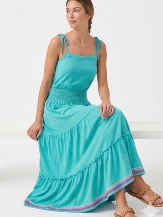 Y2K Guess Smocked Midi Dress | Teal Blue Boho Tiered Sundress Size S, view 4