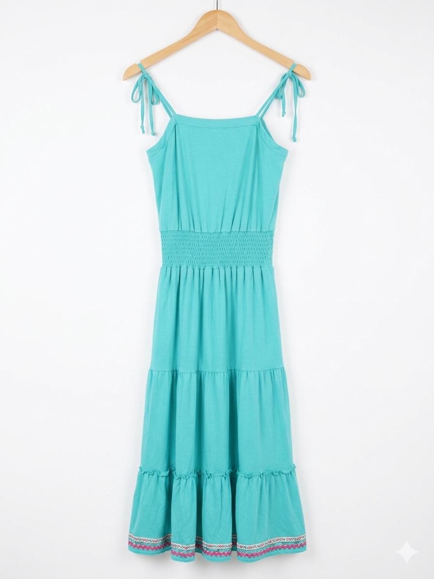 Y2K Guess Smocked Midi Dress | Teal Blue Boho Tiered Sundress Size S, view 5