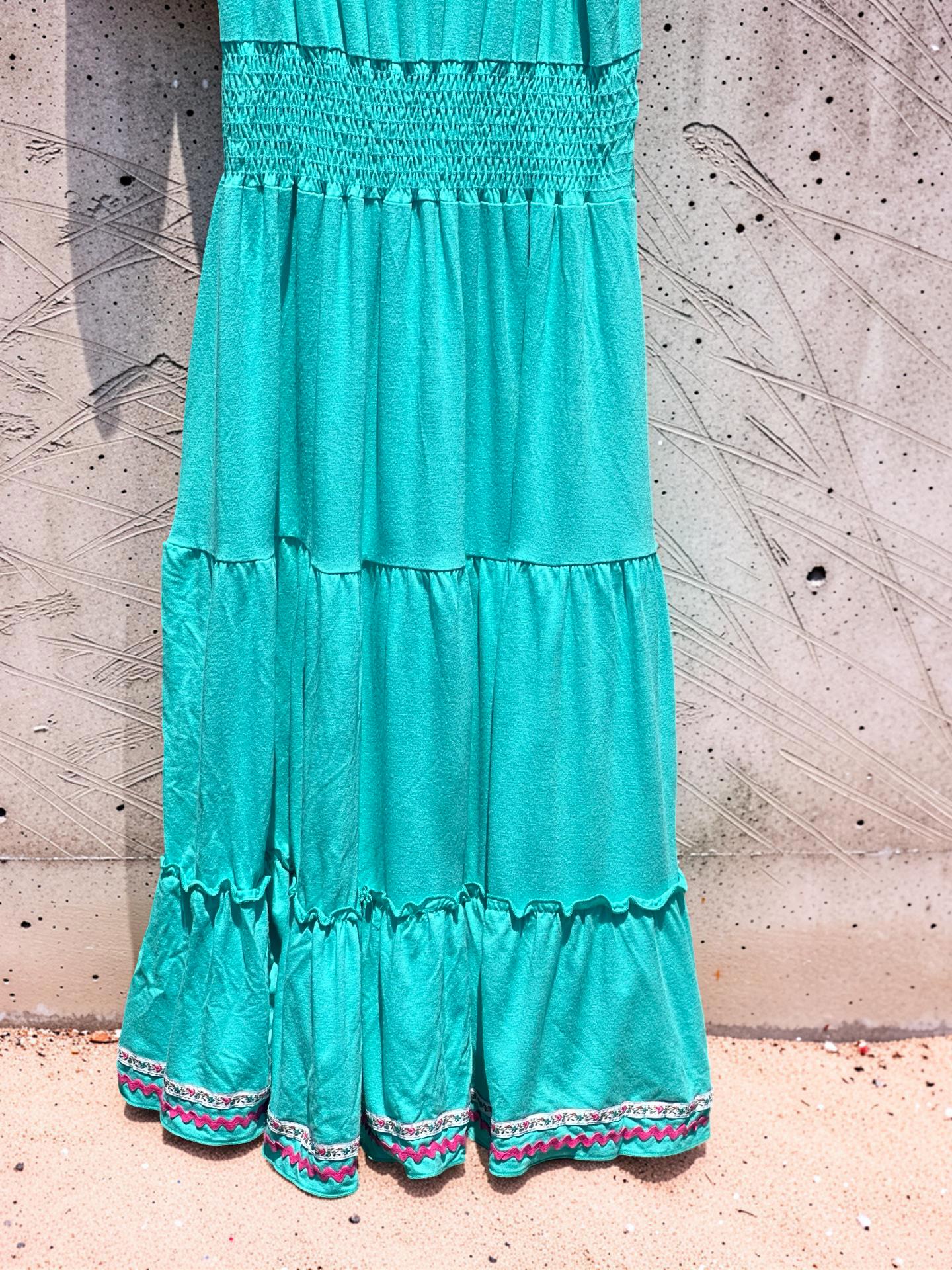 Y2K Guess Smocked Midi Dress | Teal Blue Boho Tiered Sundress Size S, view 7