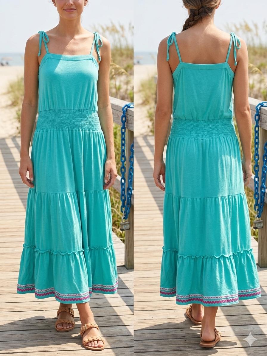 Y2K Guess Smocked Midi Dress | Teal Blue Boho Tiered Sundress Size S, view 8