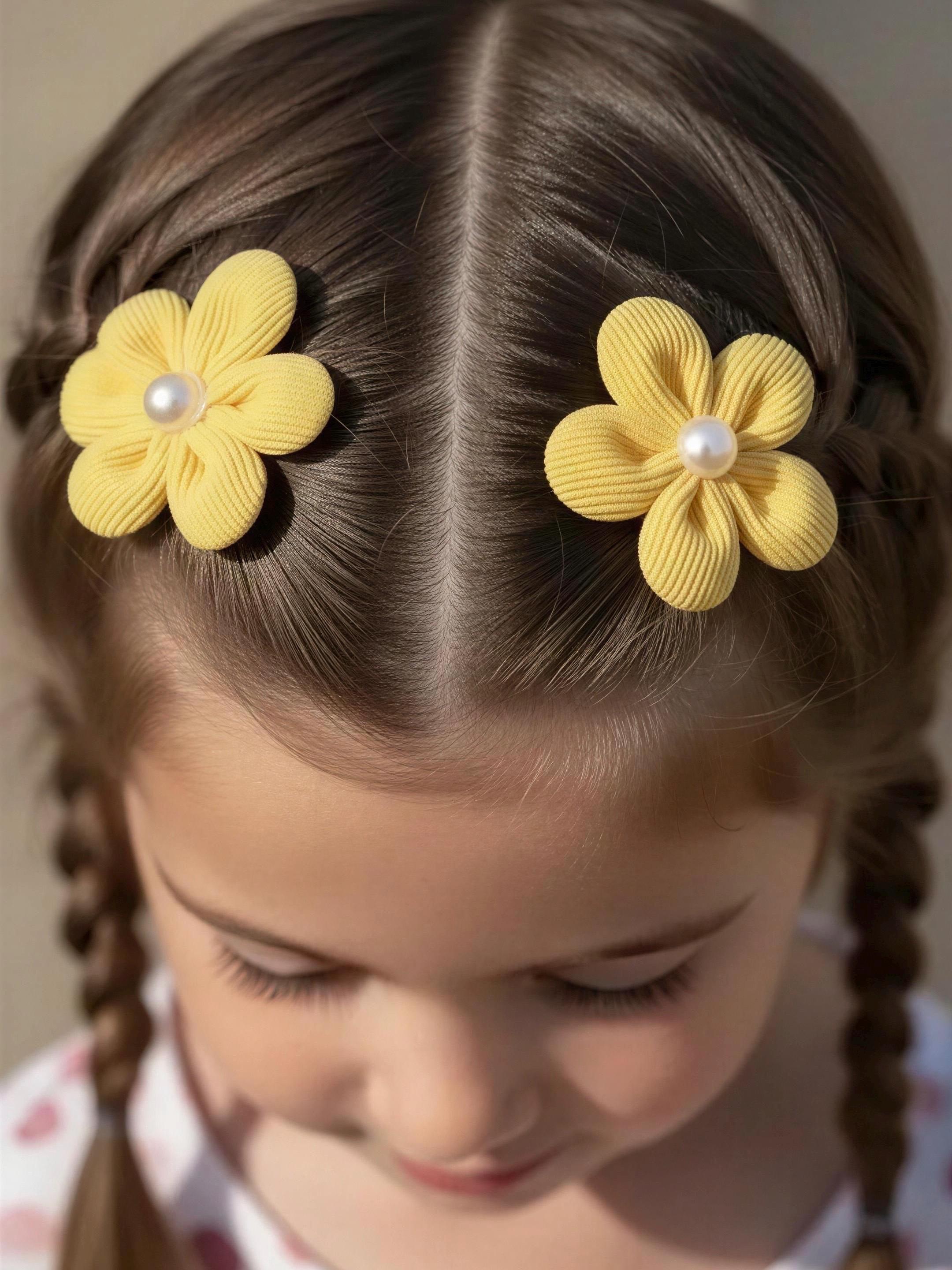 Yellow Flower Pearl Kids Hair Clips - Set of 2, view 2