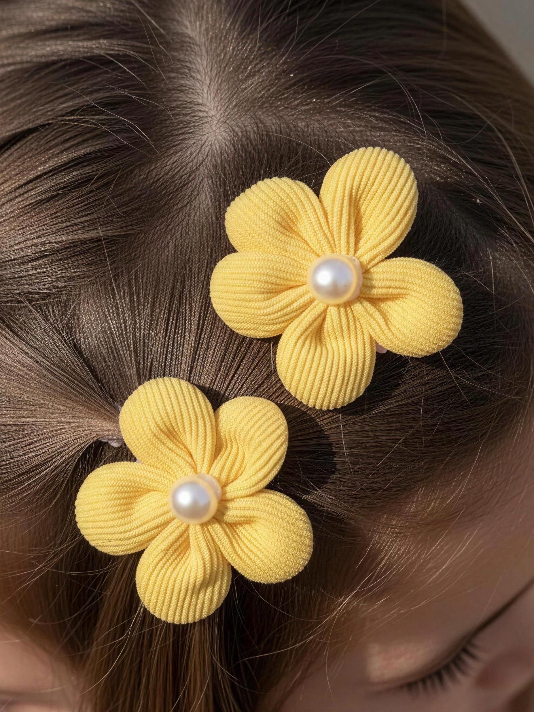 Yellow Flower Pearl Kids Hair Clips - Set of 2, view 4
