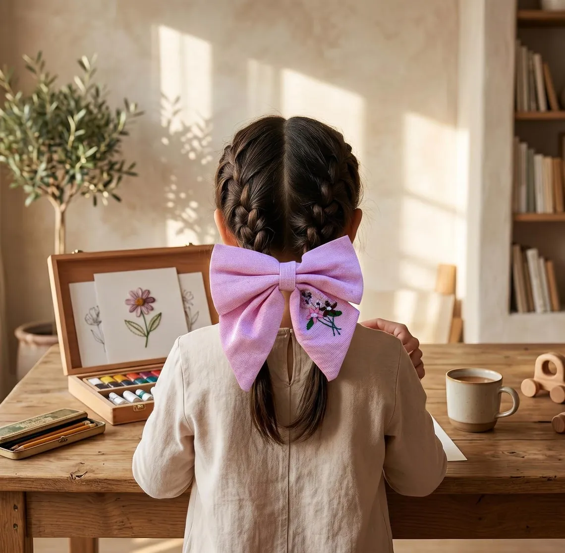 Child wearing a lavender embroidered hair bow in braided hair