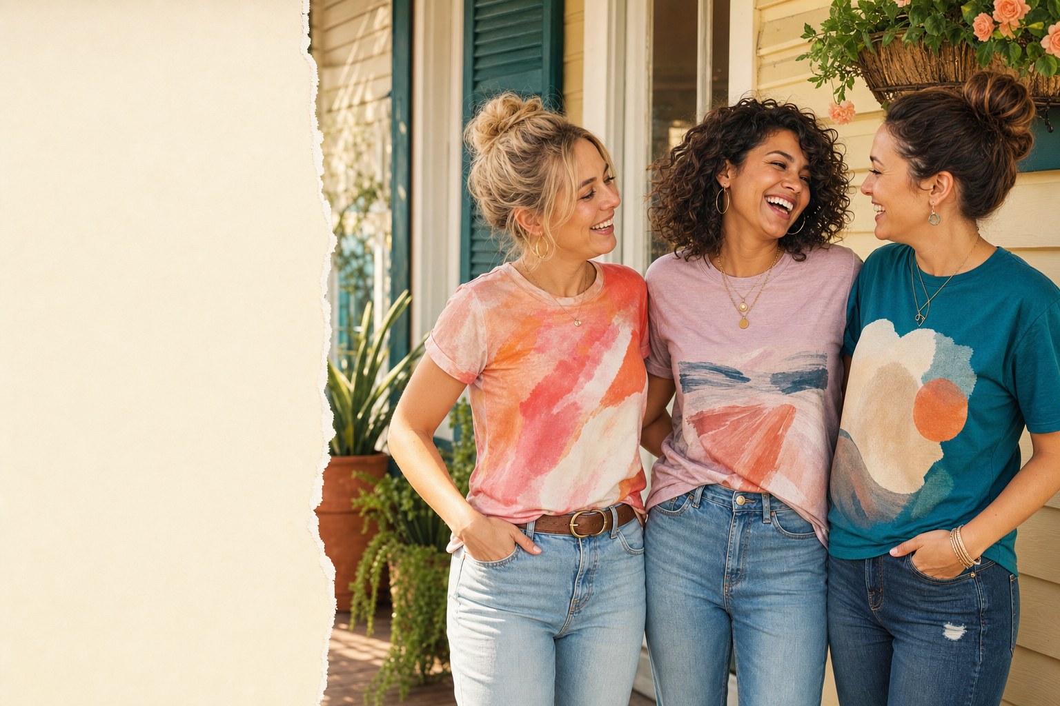 Three friends in colorful T-shirts laughing together on a sunny porch