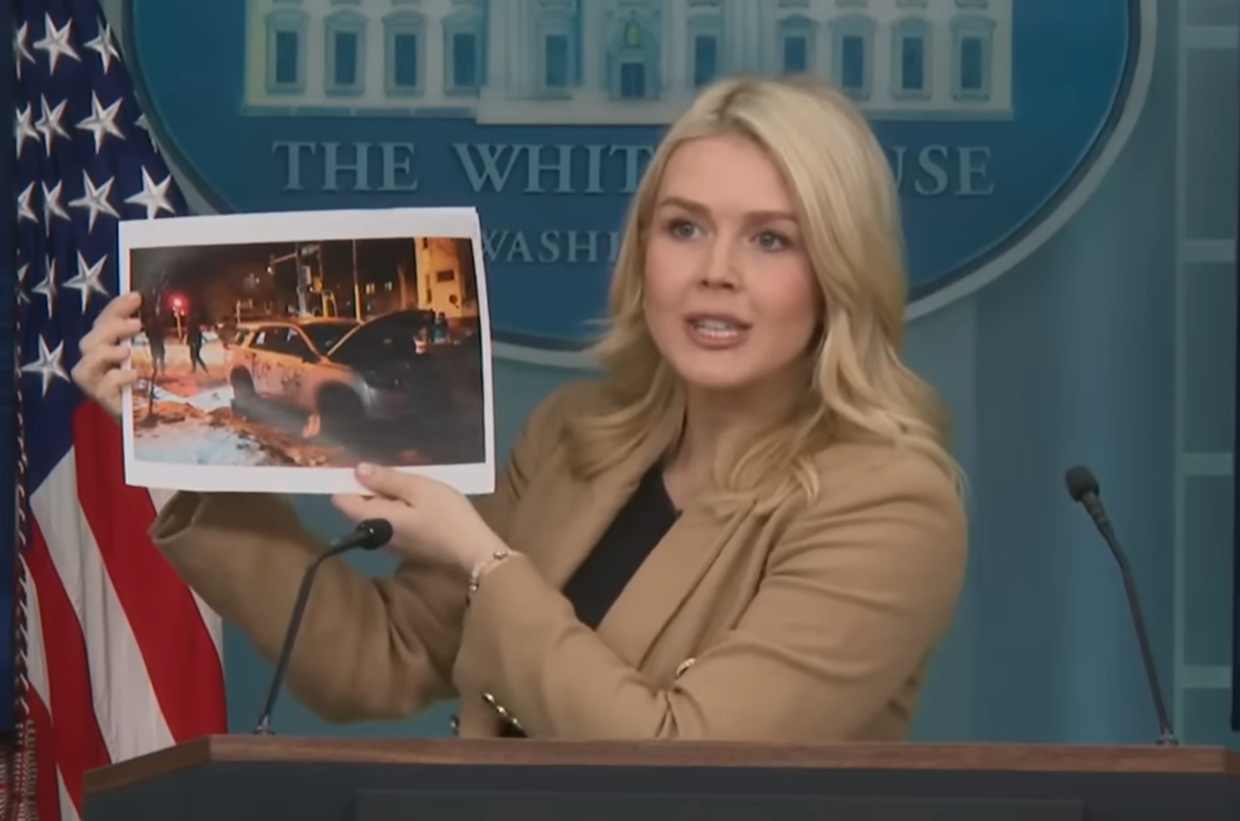 White House press briefing featuring a photograph from the Minnesota riots