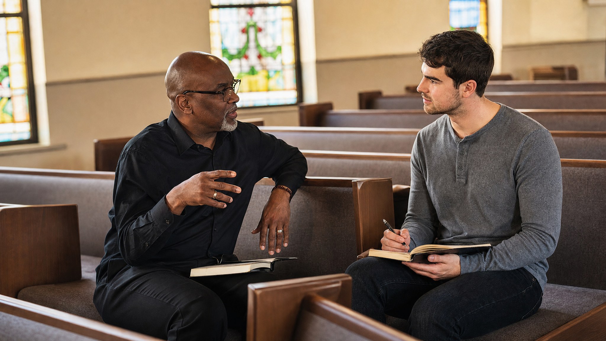 Pastor coaching an emerging church leader in a sanctuary