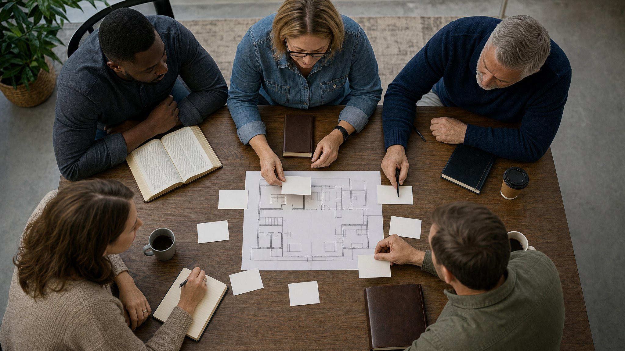 Church leaders mapping responsibilities around a table