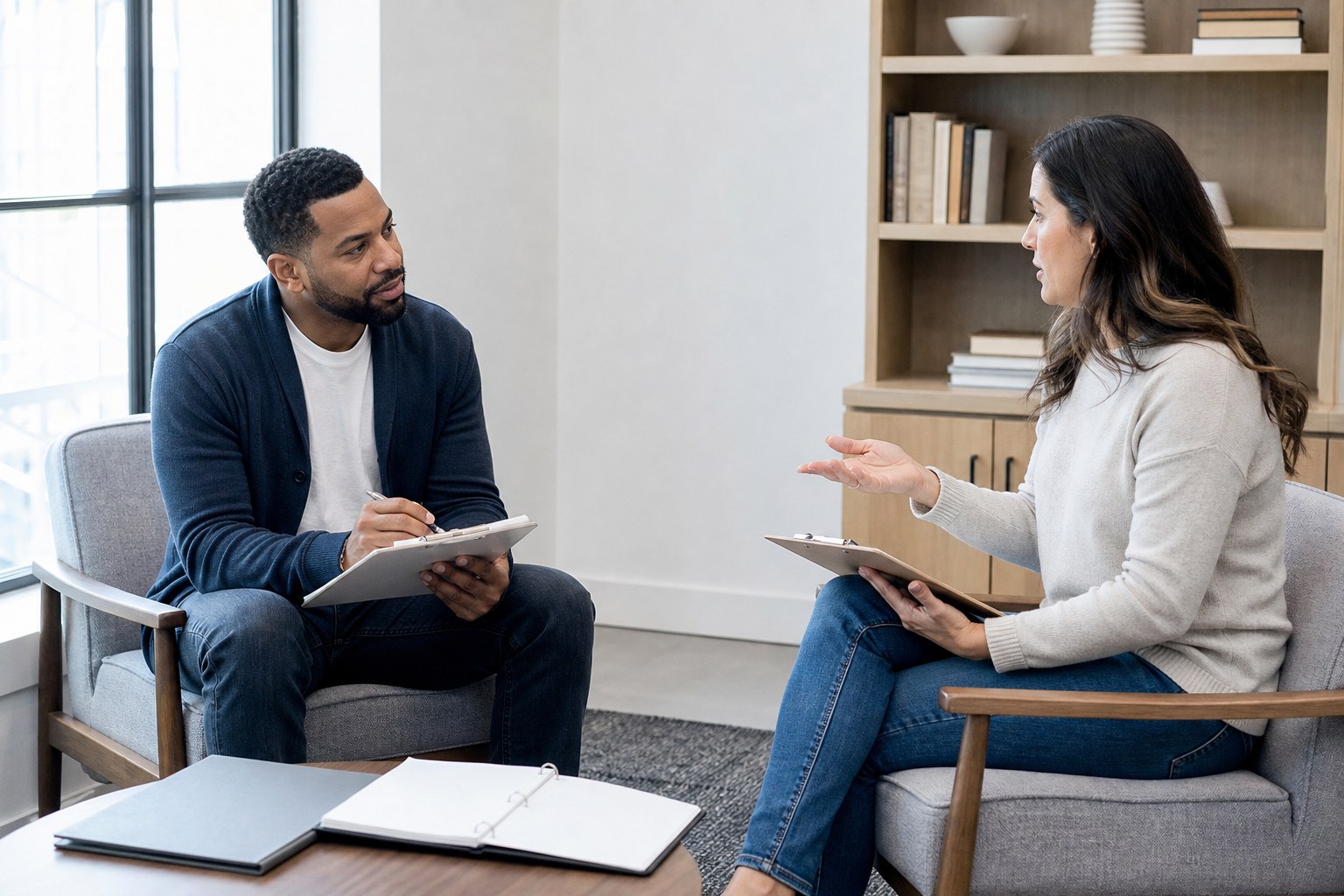 Two church staff members in a focused coaching conversation