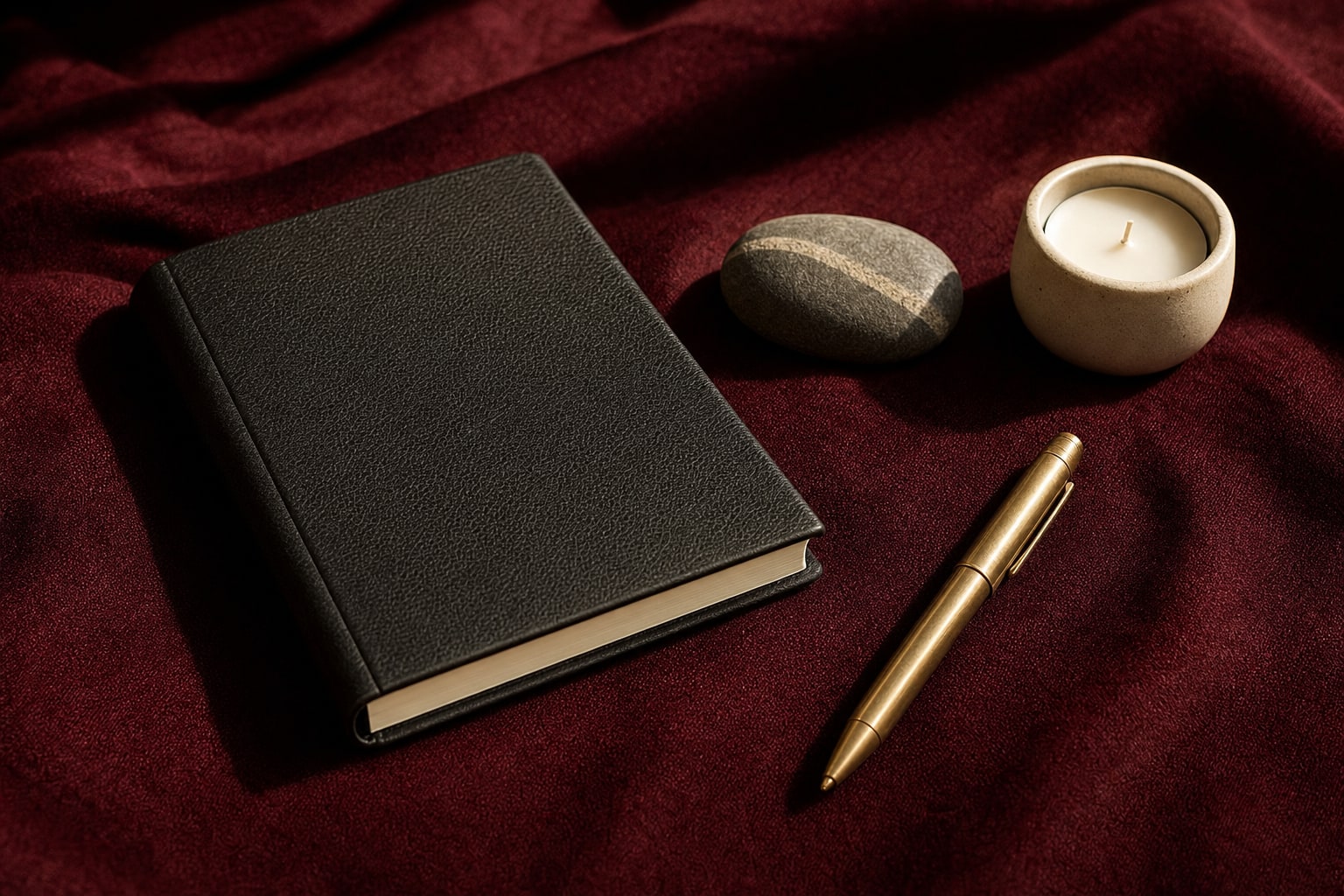 A black journal, brass pen, candle, and smooth stone on burgundy fabric.