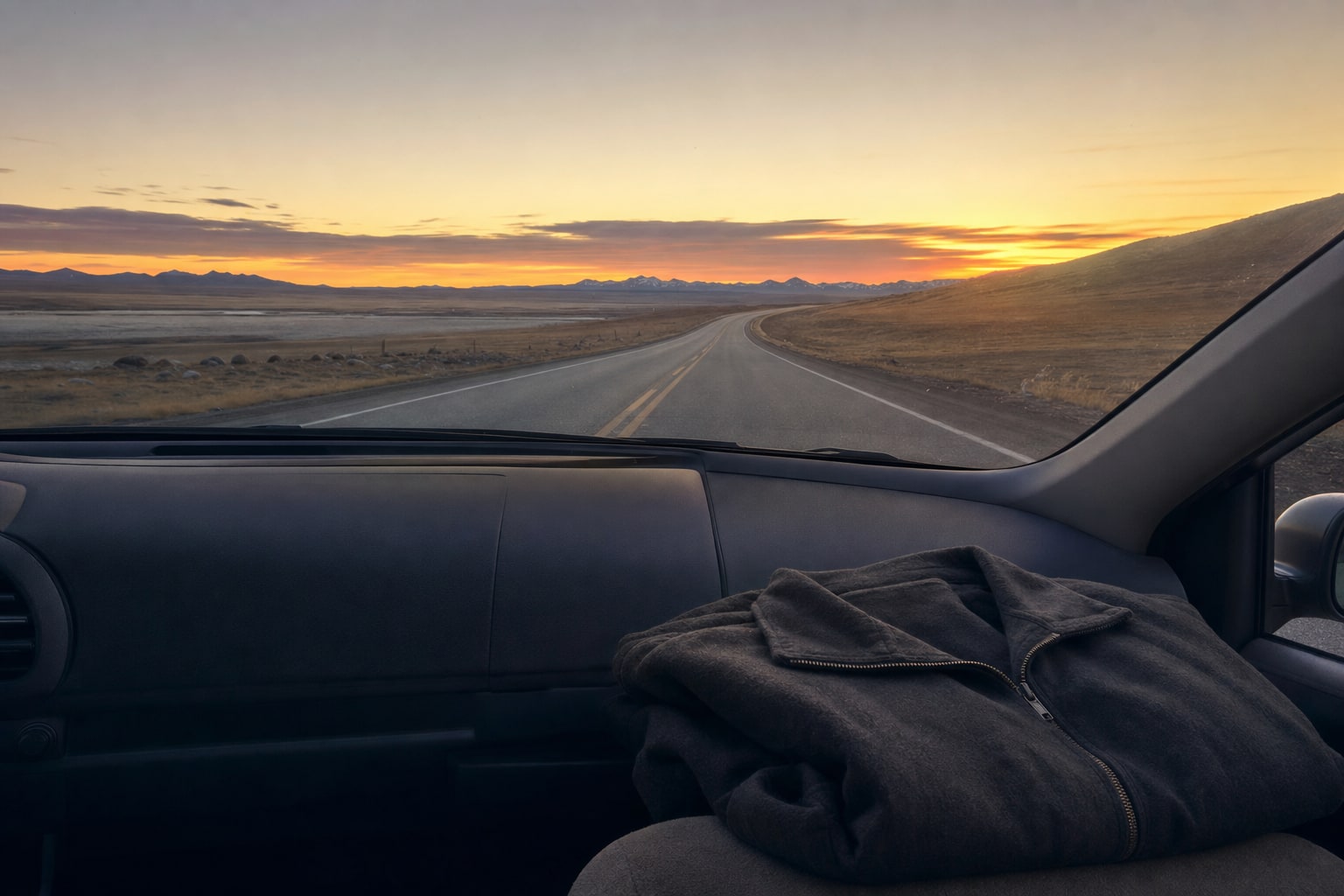 A quiet sunrise road viewed from inside a vehicle with a dark jacket on the passenger seat.