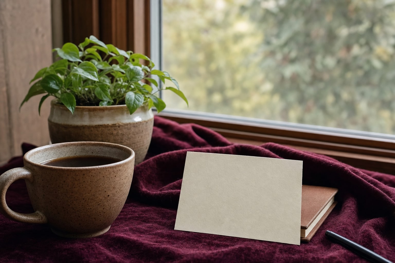 A quiet window scene with coffee, a blank card, and a green plant.