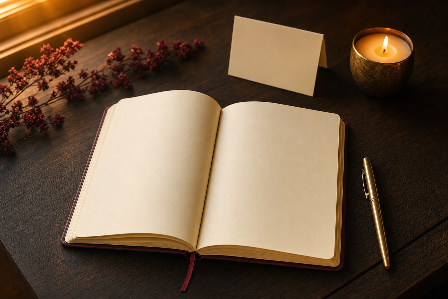 An open journal, brass pen, candle, and blank card on a dark wood table.