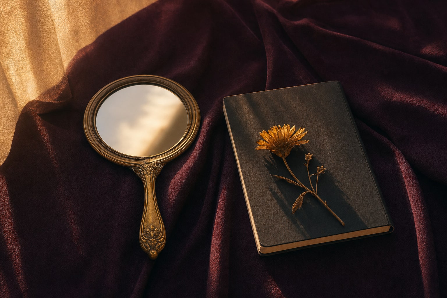 A brass hand mirror and black journal on deep burgundy fabric.