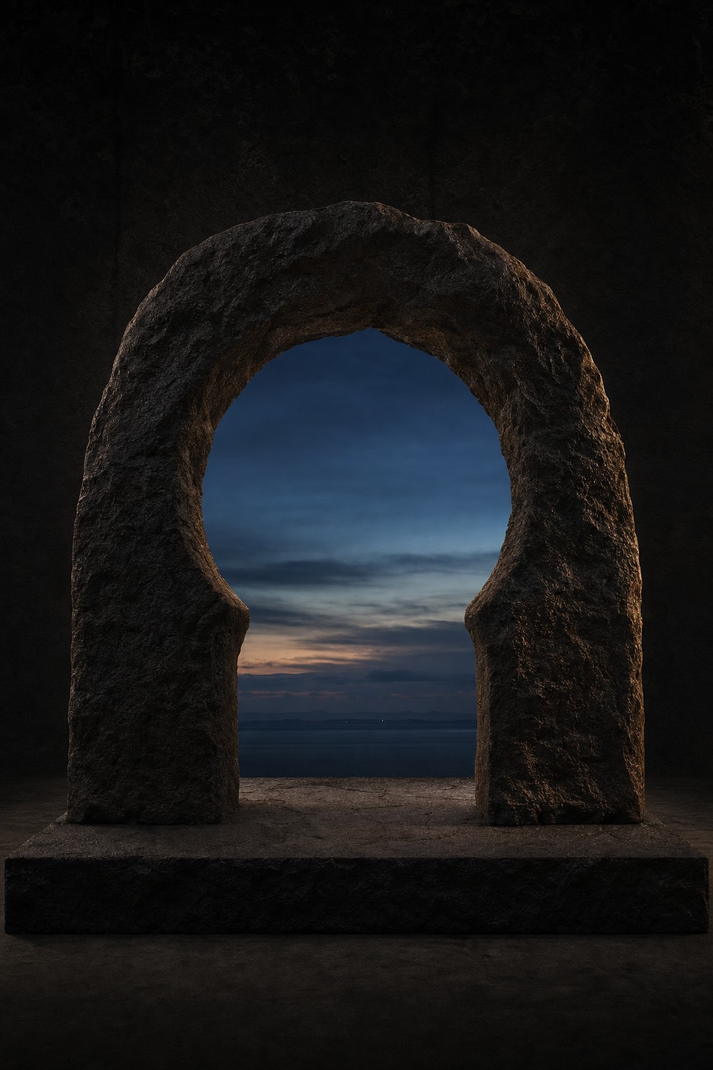 A stone arch framing a dusk horizon.