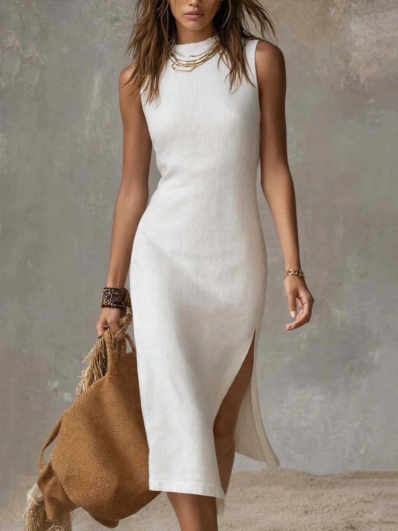 Sleeveless midi dress suited to a summer wedding guest outfit
