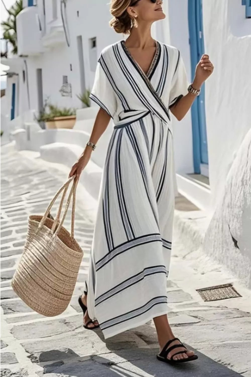 Striped wrap-style maxi dress for an outdoor summer event