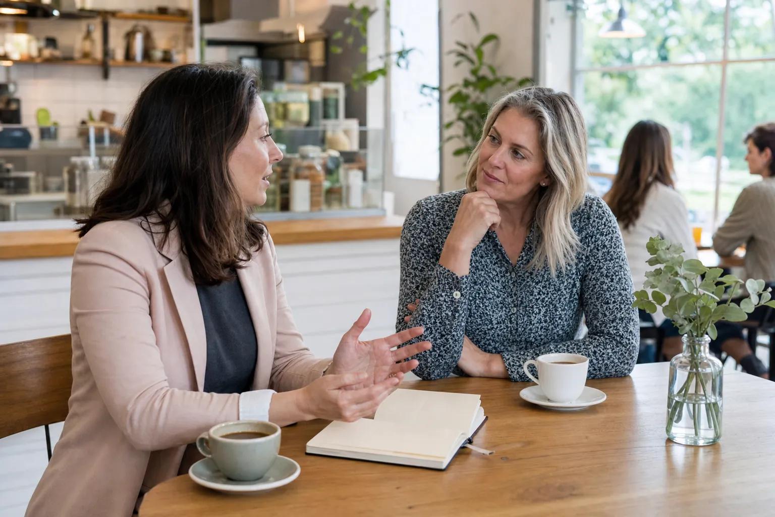 Two women having a thoughtful career conversation over coffee.