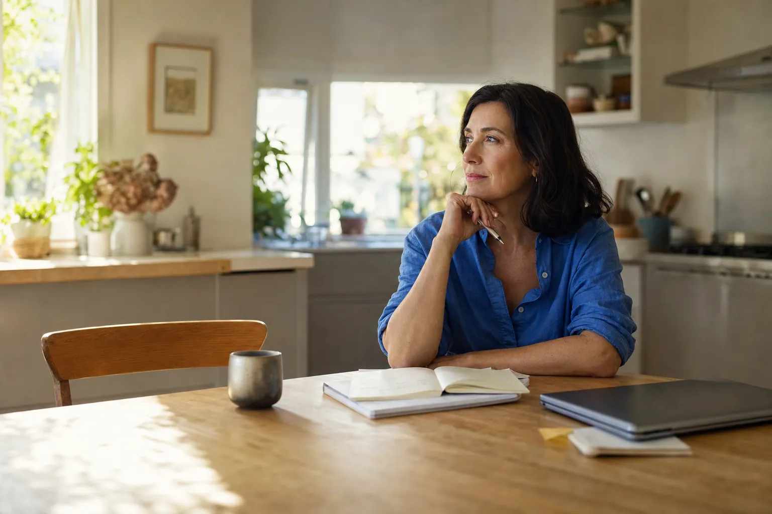Woman reflecting at a kitchen table with a notebook and laptop while considering a career change.