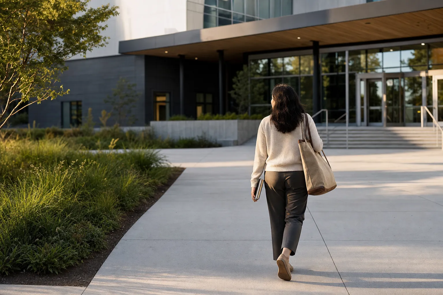 Woman walking toward a training or workshop building with a notebook.